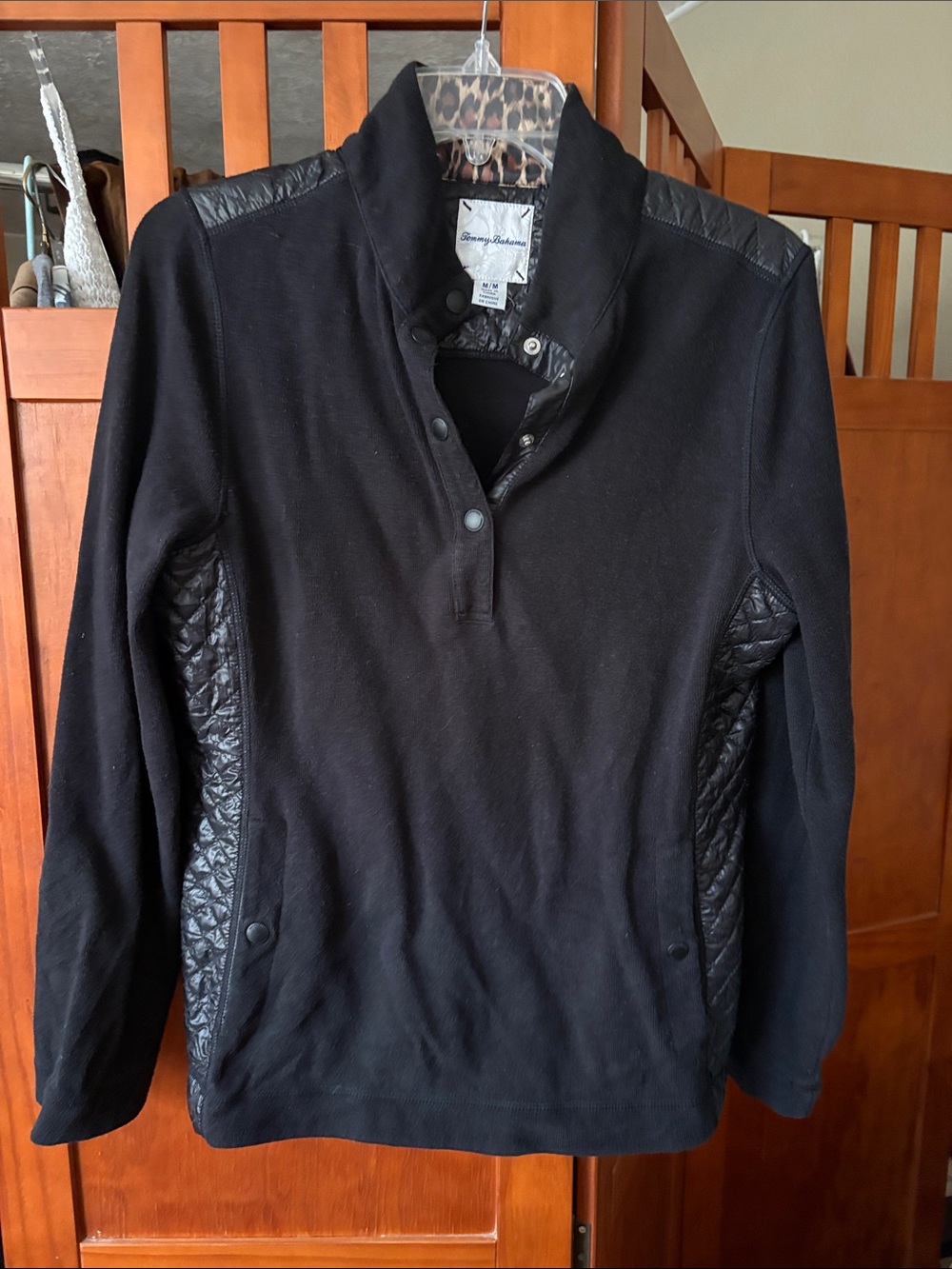 Tommy Bahama Black Pleather Quilted-Panel Zip Mock-Neck Button Tab Pullover